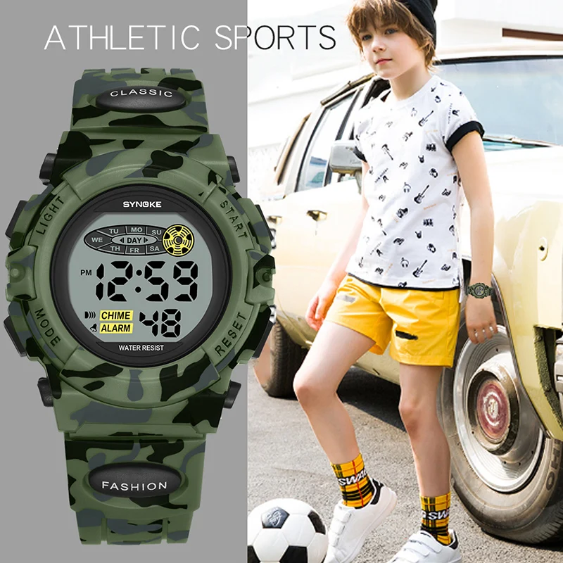Kids Digital Watches Childrens-Watch SYNOKE Military Sports Green Clock Boy Luminous