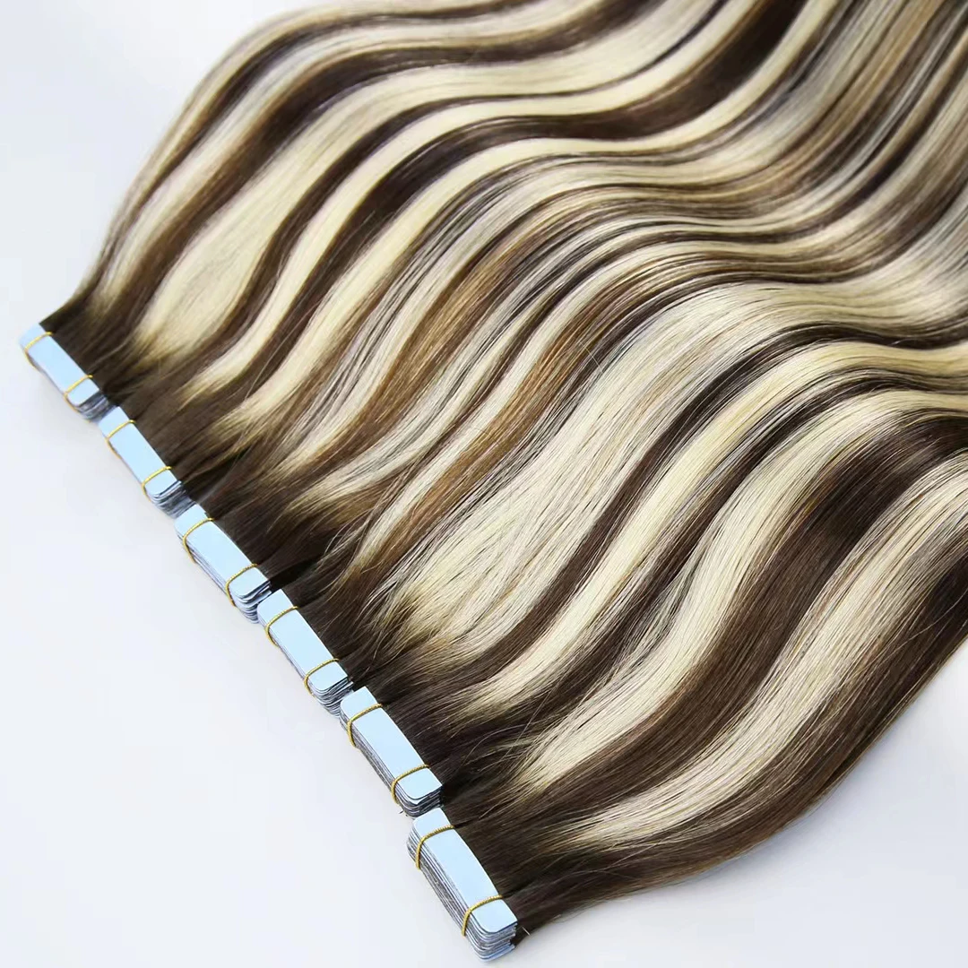 Raw Virgin Tape in Hair Extensions Real Human Hair Balayage Ombre High Quality 10A Brazilian Seamless Glue on PU Skin Weft Thick