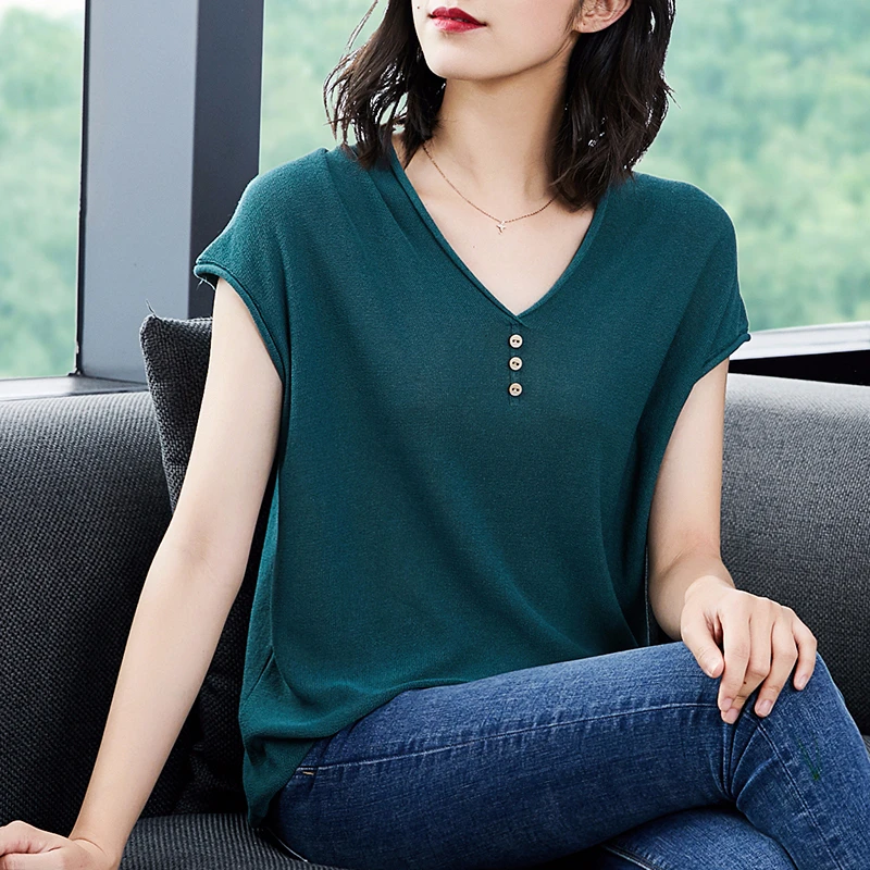 

Short sleeve v-neck buttons decoration sweater women Korean loose Pullover 2019 new arrival basic all match tops soild sweaters