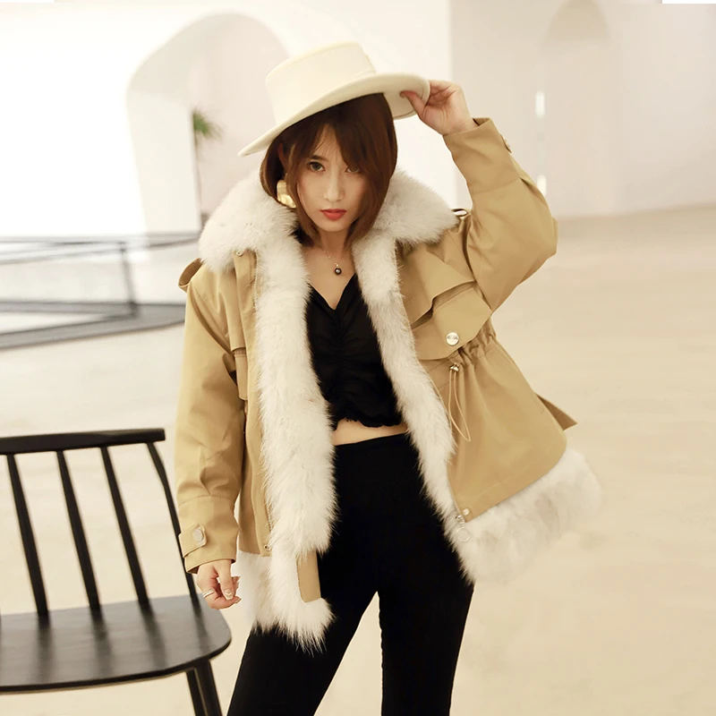 

rf1939 Natural Fur Parka Real Fox Fur Collar and Hem with Natural Rex Rabbit Fur Lining Removable Real Fur Jacket