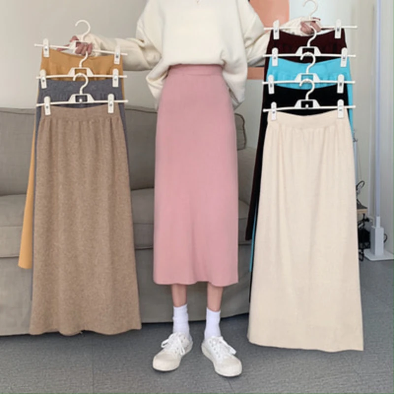 

Autumn And Winter High Waist Split Mid-Length Knitted Bag Hip Skirt Female A-Line