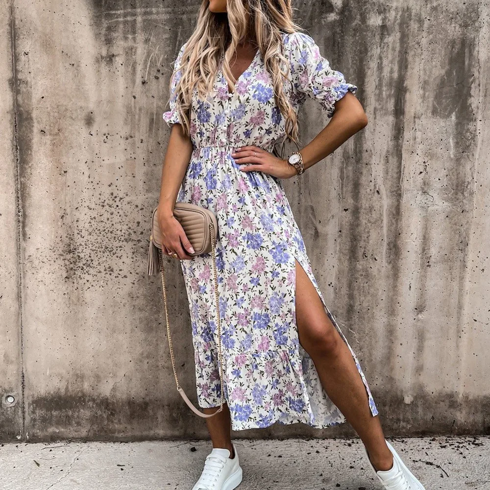 Women Floral Print V Neck Side Slit Party Dress Spring Summer Short Sleeve Elegant Ladies Sexy Elastic Waist Slim Dress Vestidos