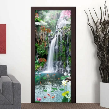 

Waterfall goldfish Flower Landscape 3D Door Sticker PVC Waterproof Self-adhesive Wallpaper Wall Stickers Living Room Door Decor