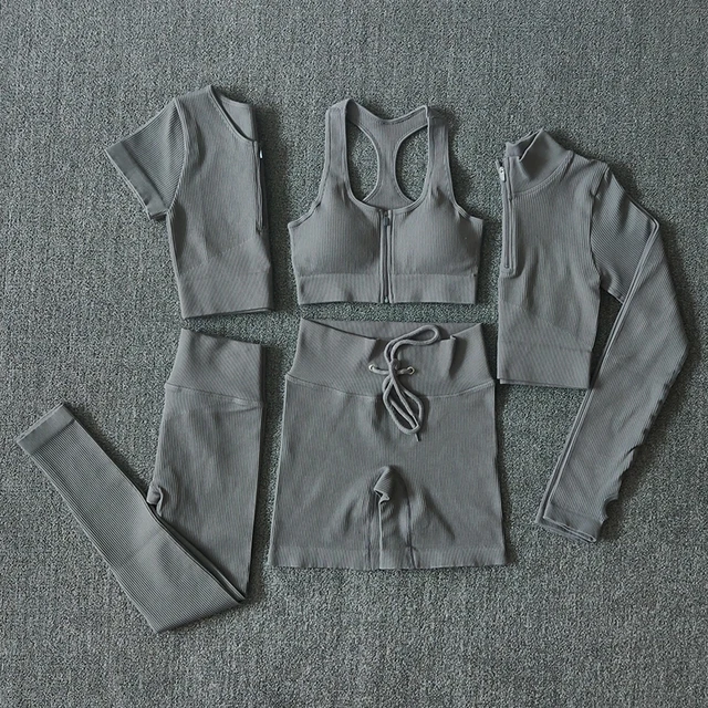 Seamless Women Yoga Set Workout Sportswear Gym Clothing Zipper Long Sleeve High Waist Leggings Fitness Bra Athletic Sports Suits 5PCSGray