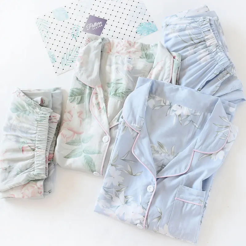 Осенние женские пижамные комплекты с цветочным принтом, Хлопковая пижама, уютная Повседневная Пижама с длинным рукавом, домашняя пижама с длинным рукавом