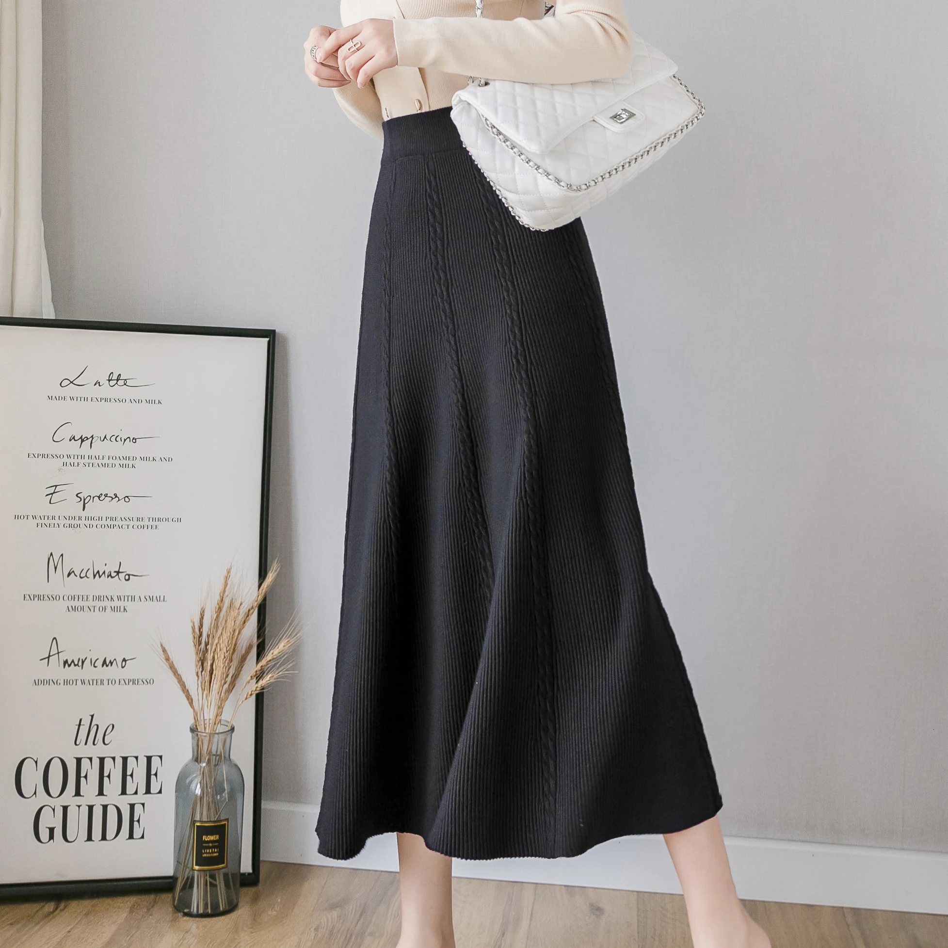 Трикотажные теплые длинные осенне-зимние юбки женские, макси эластичная юбка с высокой талией модная женская Повседневная плиссированная юбка saia faldas