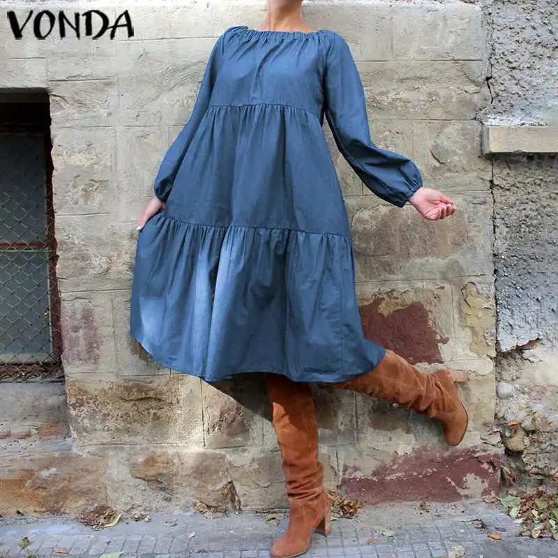 VONDA размера плюс джинсовое платье женское осеннее длинное платье до колена с рукавами-фонариками богемное платье с открытыми плечами сарафан 5XL