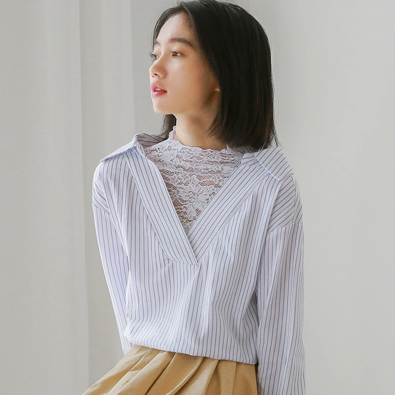 

COIGARSAM Casual Striped blouse women New Spring Lace Full Sleeve Chiffon V-Neck blusas womens tops and blouses White 733