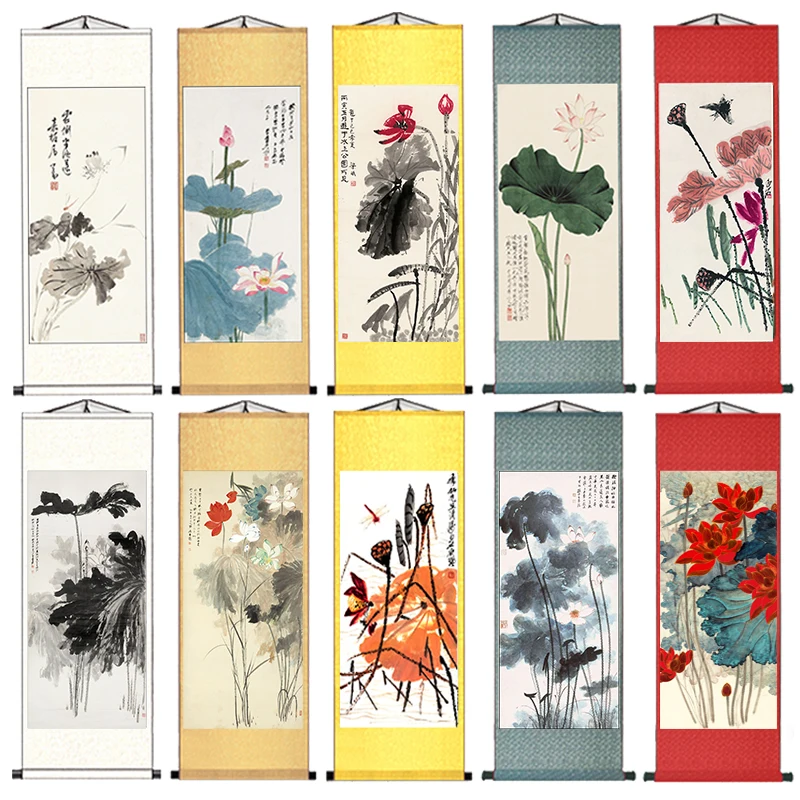 Lotus Flower Masterpiece Chinese Painting Scroll Silk Feng Shui Antique Hotel Living Room Mural