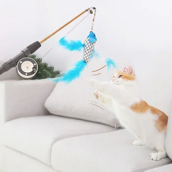

Fish Shape Telescopic Feathers Funny Cat Stick Toy Simulation Fishing Rod Funny Cat Toy Pet Toy