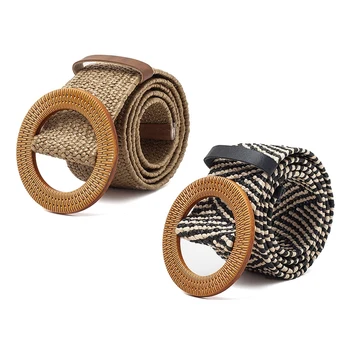 

JHD-2Pcs Straw Wide Belt Female Woven Vintage Round Wooden Buckle Decorative Dress Shirt Belt - Khaki & Black Strips