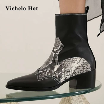 

Vichelo Hot genuine leather good quality pointed toe high heel snack pattern sewing mature lady daily wear basic ankle boots L09