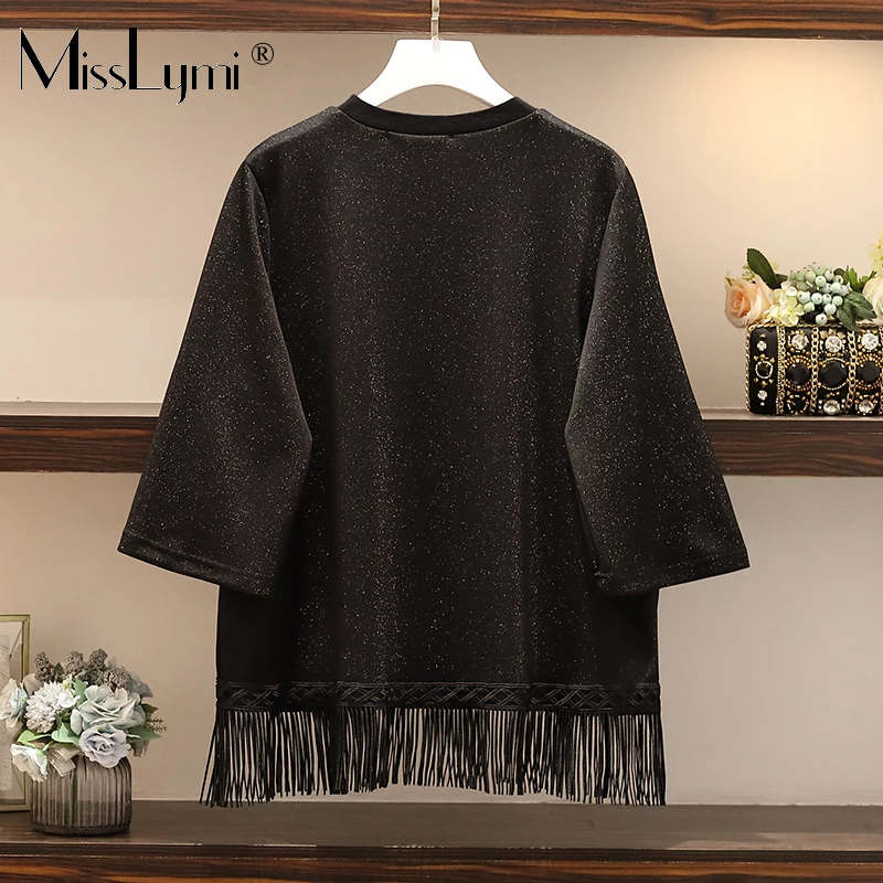 L-4XL Plus Size Women Glitter T-shirts Autumn Fashion Three-quarter Sleeve Patchwork Tassel Tops Loose Casual Tee Shirts