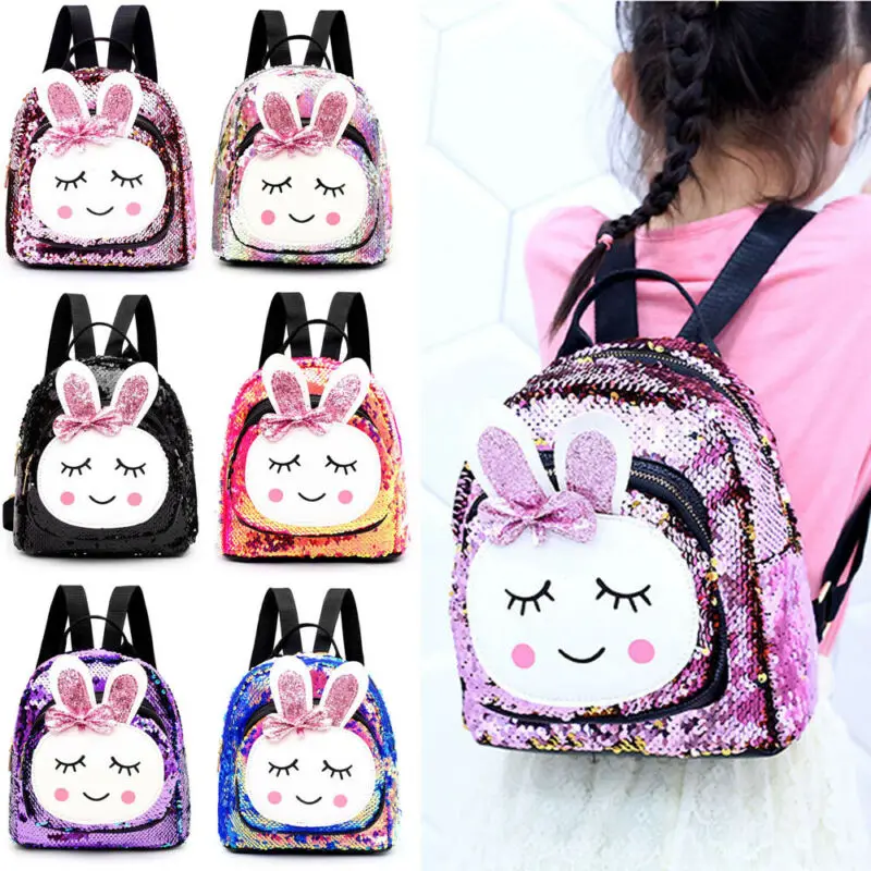 Girl Shiny Sequins Backpack Infant Cute Bunny Glitter Bling Rucksack