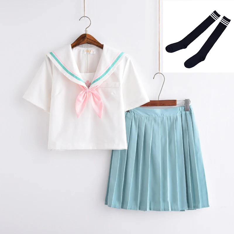 Short Set With Socks UPHYD белый Высокое качество JK Униформа колледж Ветер с коротким рукавом японская школьная форма Вишневый вышитый студенческий матросский костюм - Цвет: Short Set With Socks