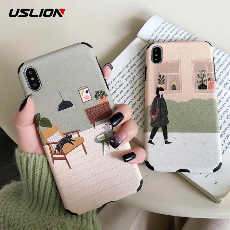 

USLION Silk Texture Cartoon Cats Cases Cover For iPhone X XR Xs Max Soft TPU Silicone Matte Back Cover For iPhone 6 6s 7 8 Plus