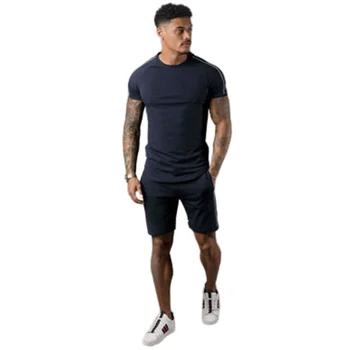 

Solid color sports casual suit men's short-sleeved pieced polyester fashion suit men's sports running fitness muscle men's suit