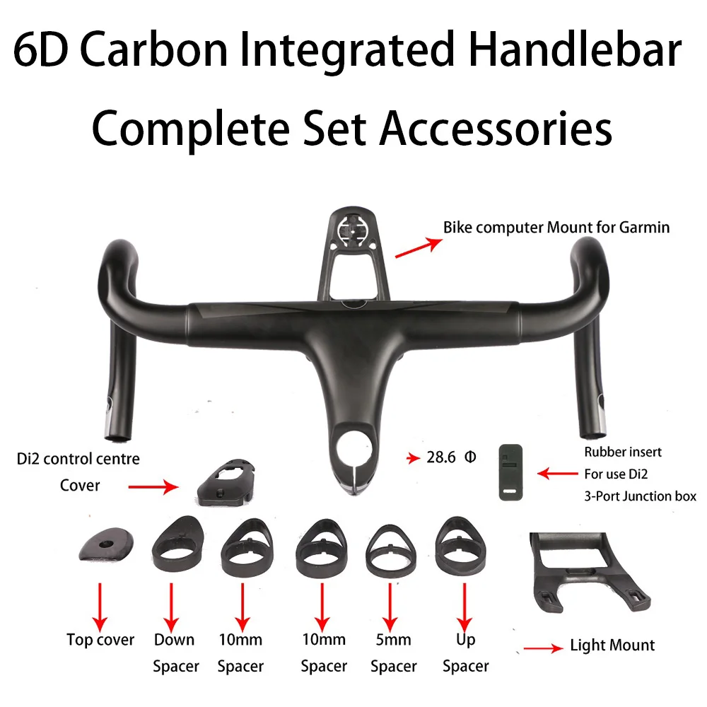 6D Aero углеродный руль для шоссейного велосипеда с интегрированной подвеской 28,6 мм UD Weave с креплением для велосипедного компьютера Специальное крепление-светильник