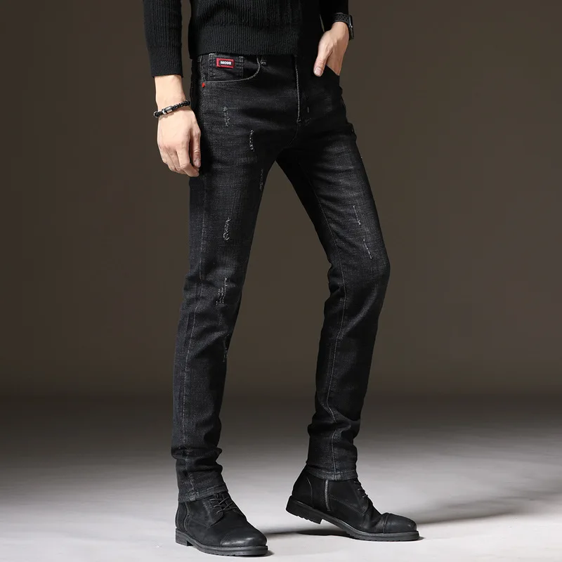 Spring and Autumn Men's Jeans Stretch Korean Slim Pants Trendy Straight Black Long Cotton 