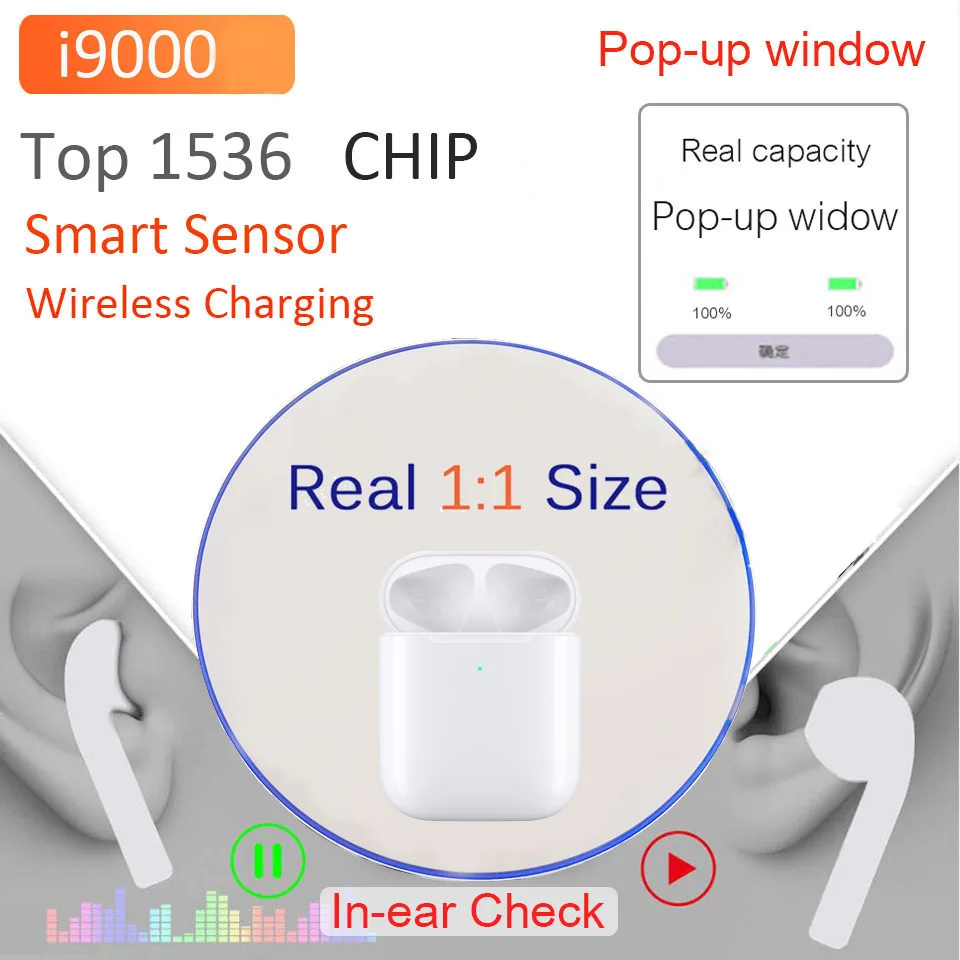 

I9000 TWS Original A2 Smart Senor 1:1 size Headphon Earbuds Wireless 5.0 Bluetooth Earphones Complete Wireless Charging Case