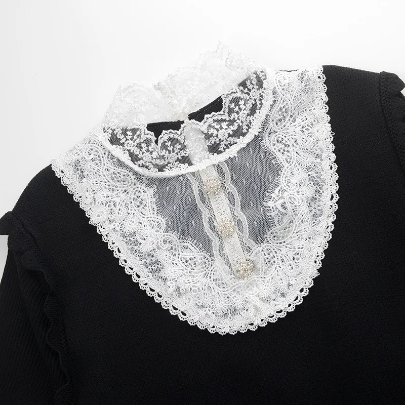 Tunjuefs Slim Fit выдалбливают Поддельные кружева вязаное платье для женщин Vestido оборками элегантные жемчужные кнопки пуловеры с сетчатой вставкой сзади платье с разрезом