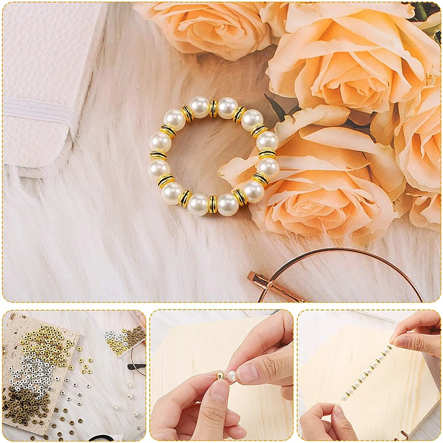 SHTGOI Set di perline distanziali in acciaio inox, 4 mm, rotonde, senza cuciture, in metallo, piccole perle per fai da te, bracciali, collane, gioielli, 100 pezzi, bronzo antico