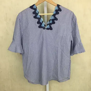

17 Summer Horn Sleeve Lady Wave Embroidery Collar Stripes Top Shirt 7348 Lose Money Qing
