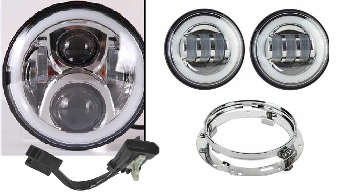 " светодиодный налобный светильник DRL Hi/Low Beam проектор двигатель 4,5" противотуманный светильник для мотоцикла лампа для Harley Street Glide Road King Electra Glide - Цвет: Chrome halo set