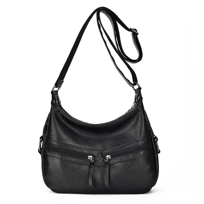 LONOOLISA, Двойная кожаная сумка на молнии, сумки через плечо для женщин,, роскошные сумки, женские сумки, дизайнерские сумки - Цвет: Black