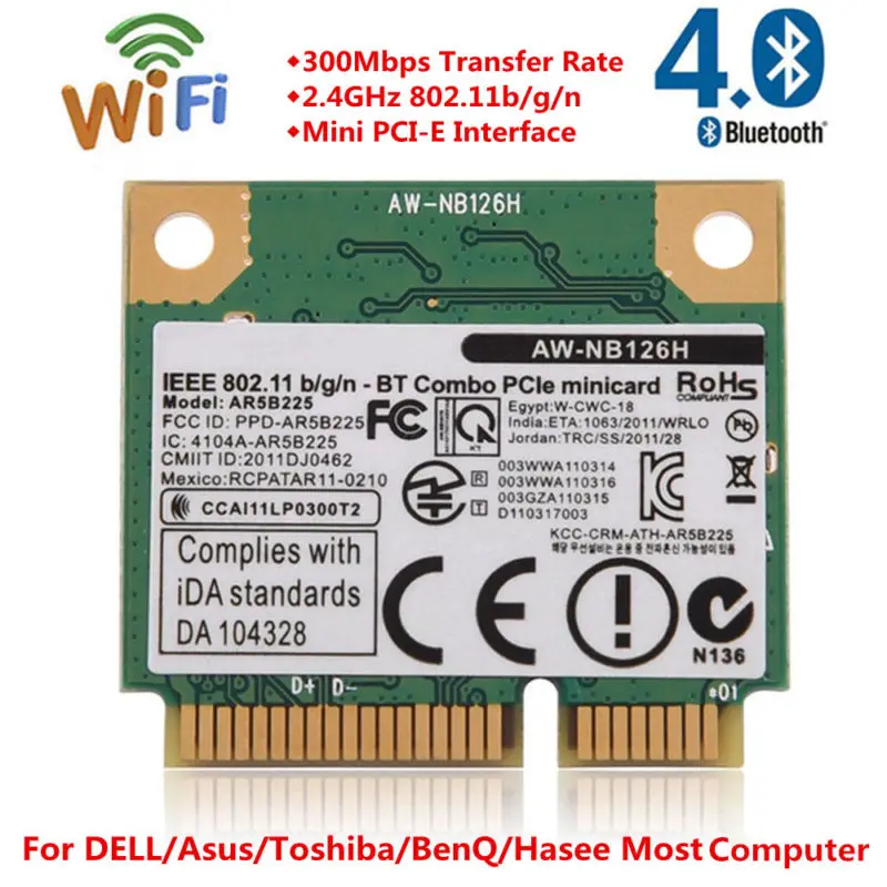 

Bluetooth 4.0+ 802.11B/G/N Max. 300Mbps WiFi Mini PCI-E Wireless Network Card for Lenovo/HP/DELL/ASUS/Toshiba/Shenzhou/Mingji...