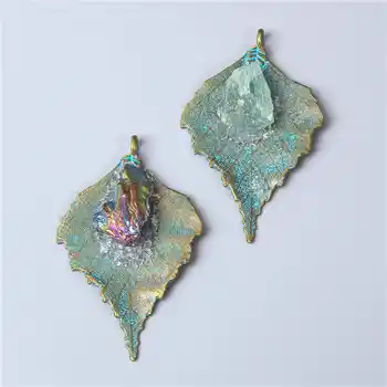 

Ancient Bronze Green Leaf Pendant 1 pc 45*72 mm Druzy Crystal Green Fluorite Charm For DIY Making Jewelry Necklace pendientes