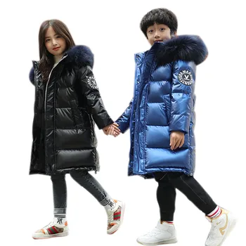 

Long down jacket for children the new winter 2020 coat for boys and girls with large hair collar ND005
