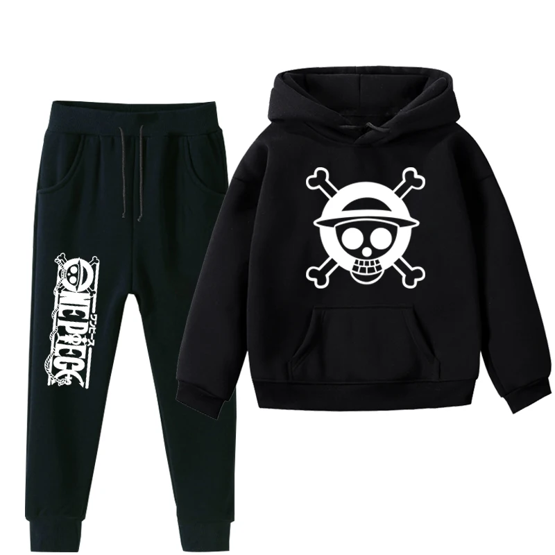 Boys Girls 2Pcs Clothes ONE PIECE Luffy Kids Hoodies And Pant Children Plus Velvet Clothes Set Winter Black Sportsuit For 2-14Y - Цвет: 001