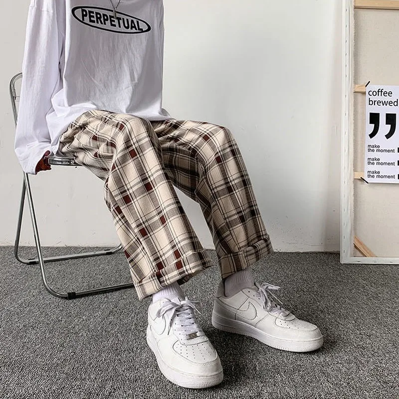 Pantalones holgados a cuadros para hombre, pantalones de pierna ancha a la moda, estilo coreano, Retro, informal, con cintura elástica combinable