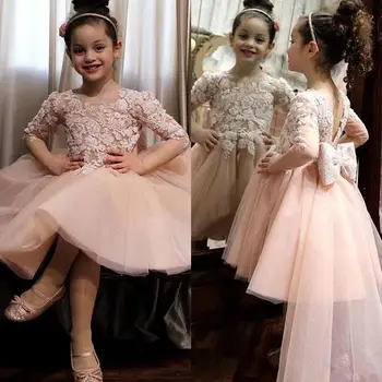 

Blush Pink Flower Girl Dresses with Bow Lace Appliques Tulle Knee Length Little Girls Pageant Dress Kids Communion Birthday Gown