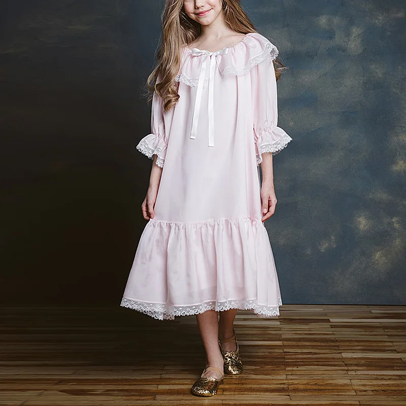 2 Colors Children Girl's Lolita Dress Princess Sleepshirts Vintage Lace Bow Nightgowns.Kid's Sweet Nightdress Sleep Loungewear cotton short pajama sets