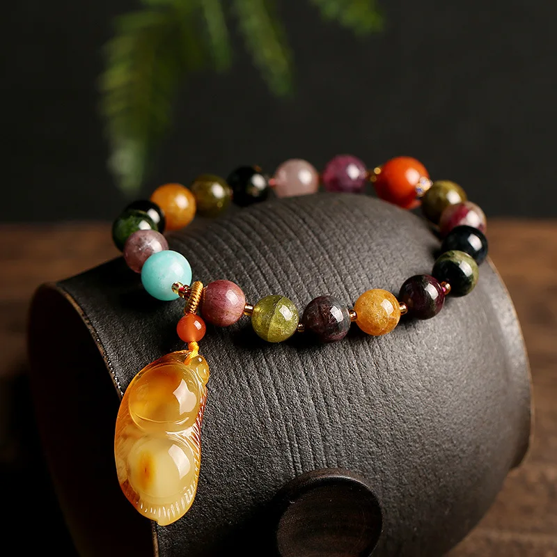 

Natural crystal color tourmaline gemstone bracelet tourmaline beeswax bean pendant female hand string gift beeswax bracelets