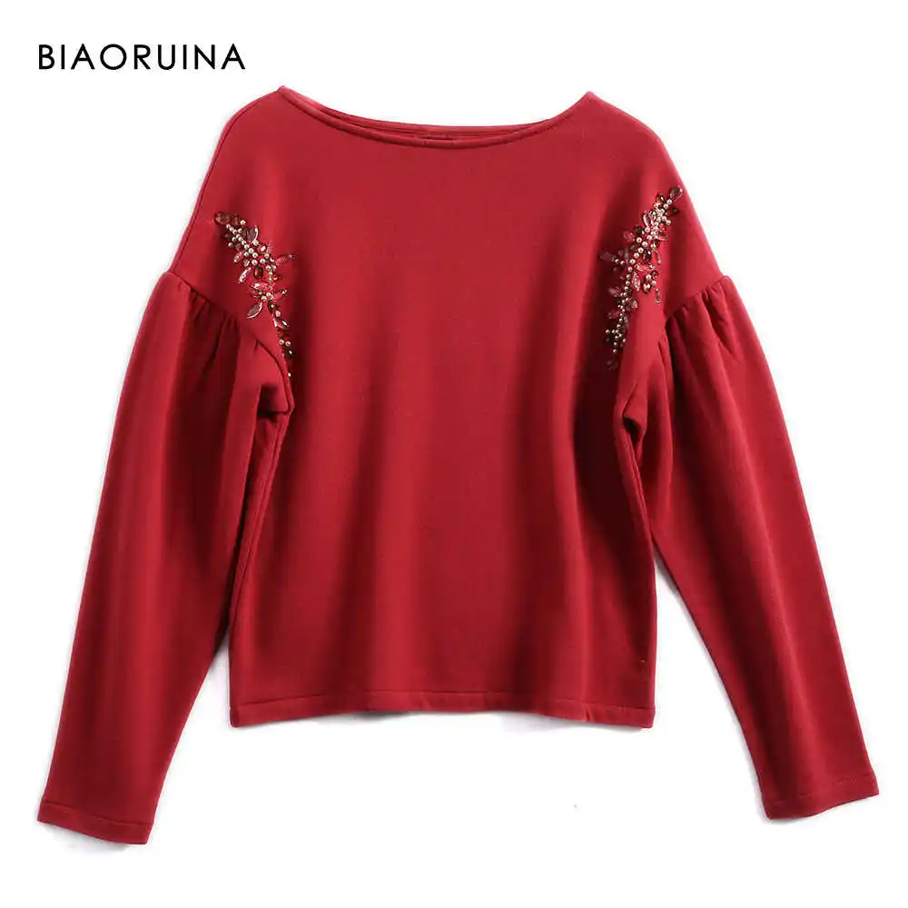 Красный BIAORUINA, Женская махровая толстовка, 3 цвета, винтажная, подходит ко всему, вышивка бисером, флисовая подкладка, теплый, элегантный пуловер, лодочка, воротник - Цвет: Красный
