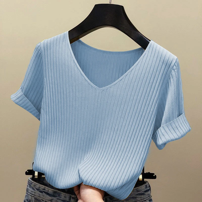 Knitted short sleeve Women V-Neck T Shirts 2025 Blue Slim Black thin knit Orange Tops Ladies Summer Camiseta Summer T shirts 3