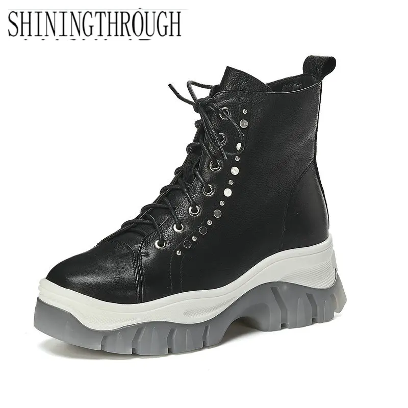 Boots Women 2019 Genuine Leather Chelsea Boots Handmade Ankle Boots Brand Round Toe Platform High Heel Shoes Woman