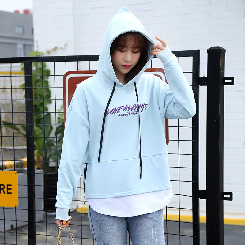 sky blue OUMENGKA толстовки женские свободные хлопковые с капюшоном однотонные Лоскутные карманы Обычная Объемная толстовка повседневные махровые Пуловеры 3 цвета - Цвет: sky blue
