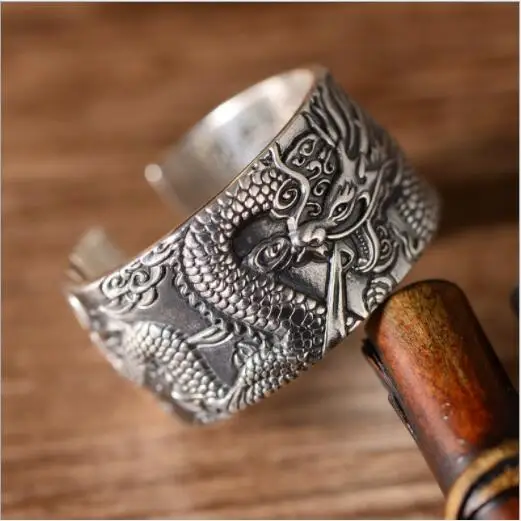 Новинка S999 чистое серебро мужское кольцо ретро Китайский стиль Дракон мир буддийская Сутра резное на внутренней стене серебряное кольцо - Цвет основного камня: SILVER