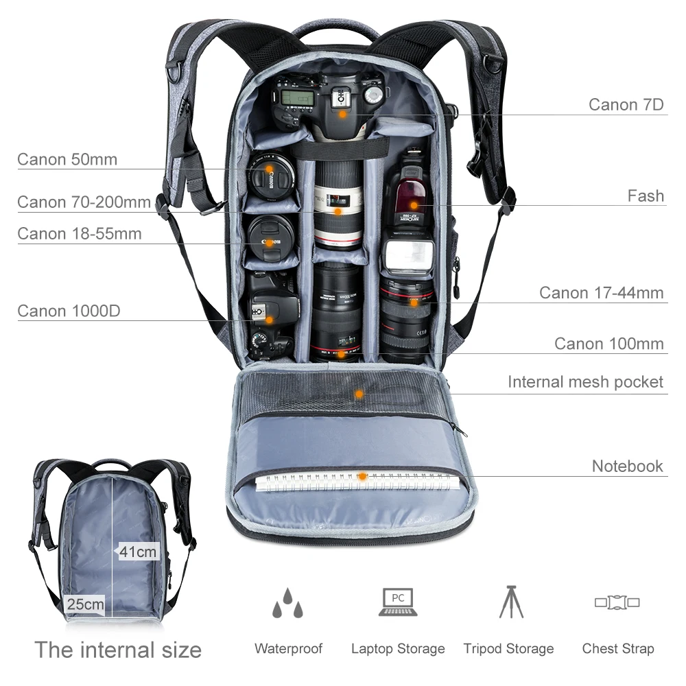 K& F, сумка-рюкзак с подкладкой для фотоаппарата, чехол для Canon, Nikon, sony, DSLR, SLR, 2 цвета