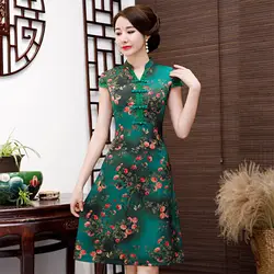 Зеленый Новый стильный принт в китайском стиле ТРАПЕЦИЕВИДНОЕ ПЛАТЬЕ винтажные женские короткие Qipao искусственный шелк классический