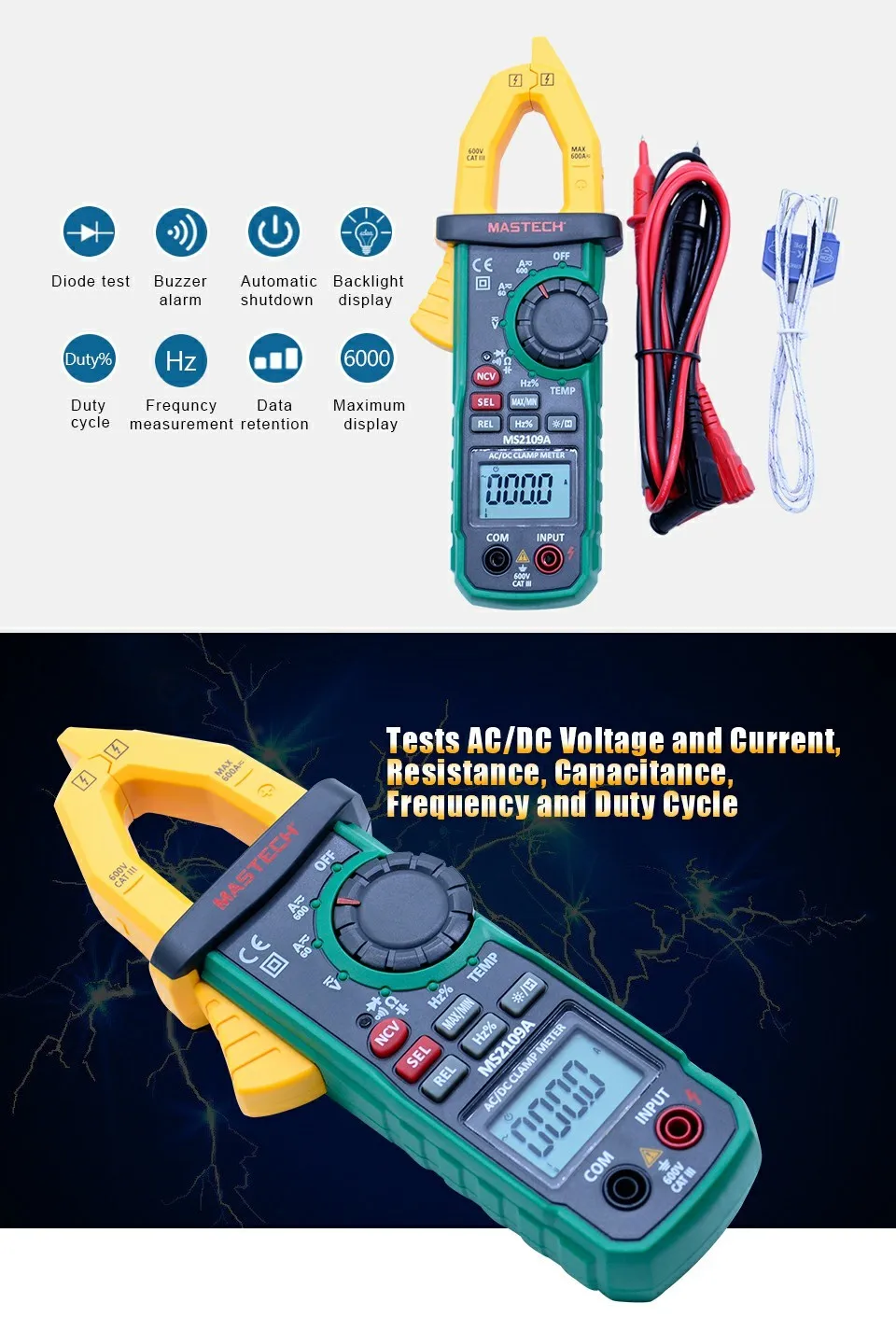 Mastech MS2109A Автоматический диапазон цифровой AC DC Клещи 600A мультиметр Вольт Ампер Ом Гц температура емкость тест er NCV тест
