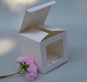 

7x7x7cm White cardboard paper window gift box,foldable cube Paper Box with clear window, soap packaging paper craft packing box