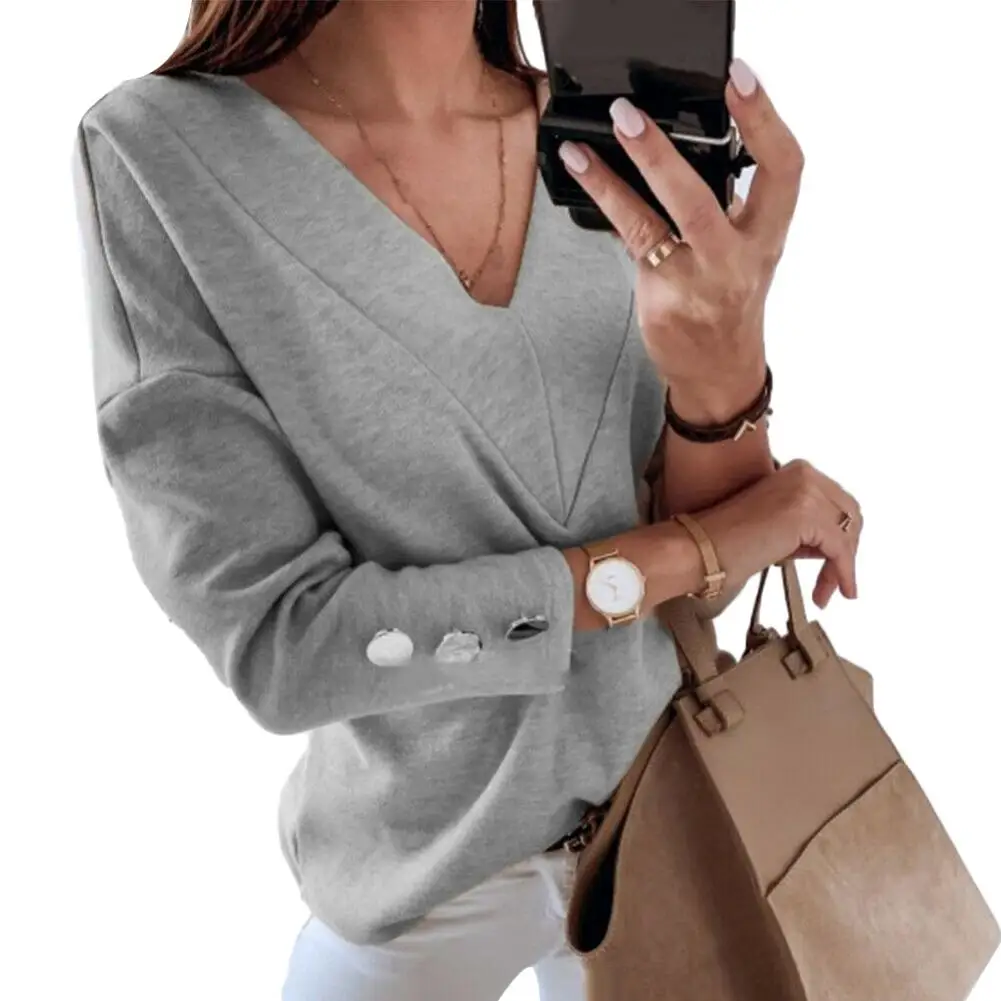 

Women Autumn Solid Color Long Sleeve V Neck Buttons Decor Cuff Loose Long Sleece T-Shirt Top Cuff Loose Blouse Buttons Blouse
