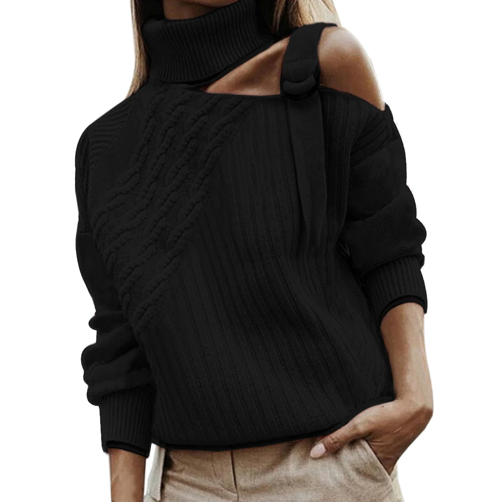 Женский лоскутный сексуальный свитер с открытыми плечами и пряжкой, теплый осенний пуловер, зимний свитер с длинным рукавом в рубчик, вязаные топы, джемпер - Цвет: black