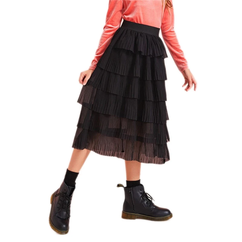 SHEIN Kiddie/черная плиссированная многослойная юбка с оборками для девочек, детские штаны года, осенняя шифоновая плиссированная юбка средней длины с высокой талией для детей