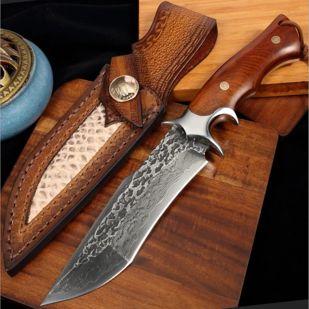 Leather Sheath Hunting KnifeDamascus Steel Blade Turquoise Handle 
